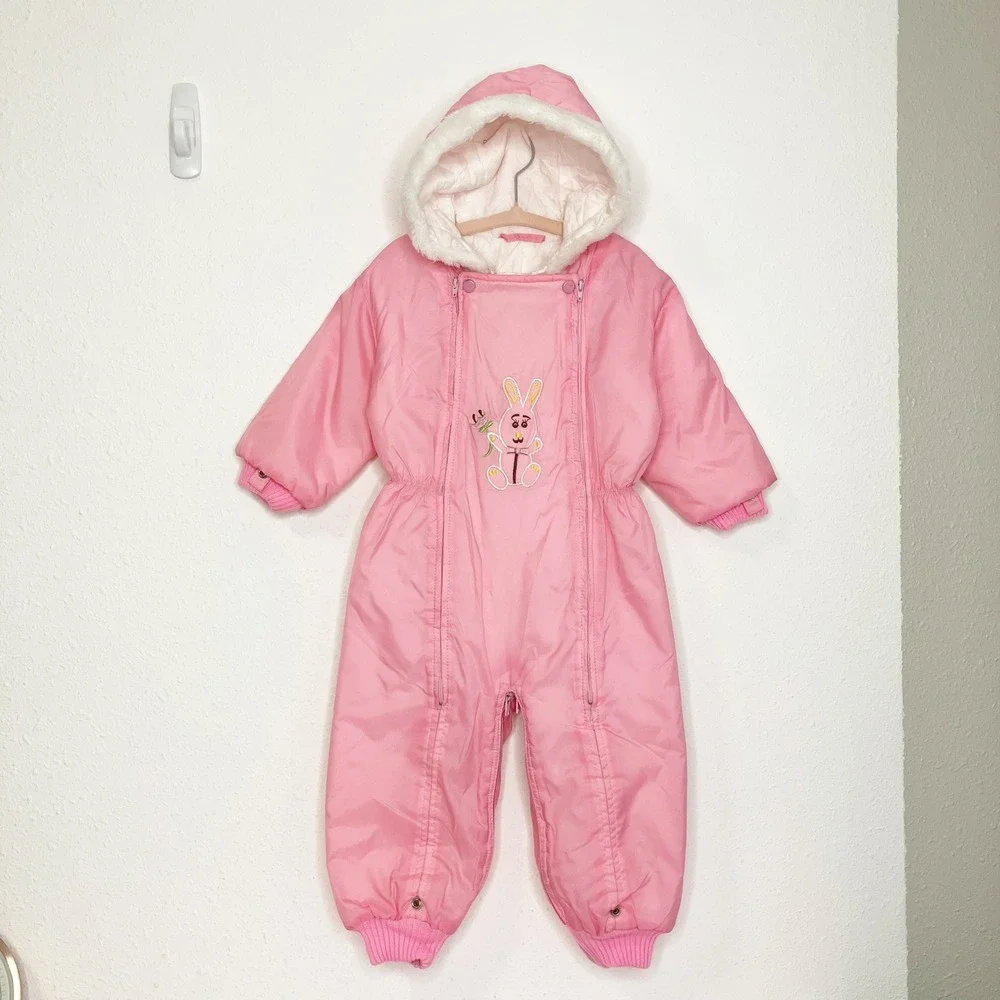 Vintage JC Penney Toddler Snowsuit Embroidered Pink Bunny‎ Hooded Size 24 Months